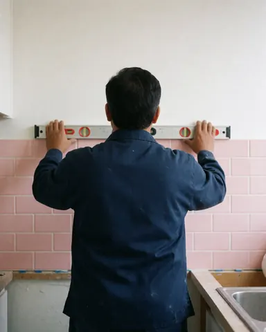 Professional tiler using a level to install pink ceramic tiles on a kitchen wall during a home renovation project