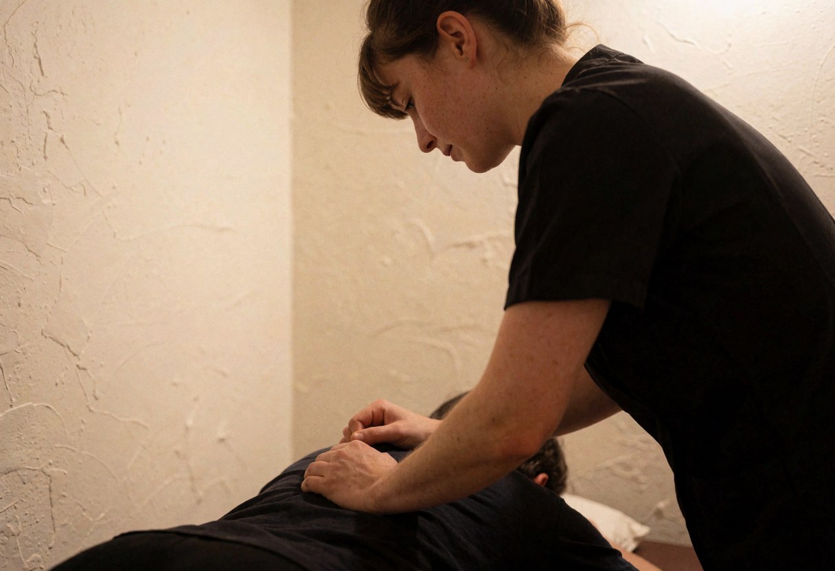 Therapist applying massage to client's back with visible hands in a professional setting with warm white walls