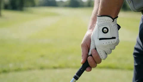 Close-up of a hand wearing a white golf glove gripping a golf club shaft on a bright green grass field during daylight.