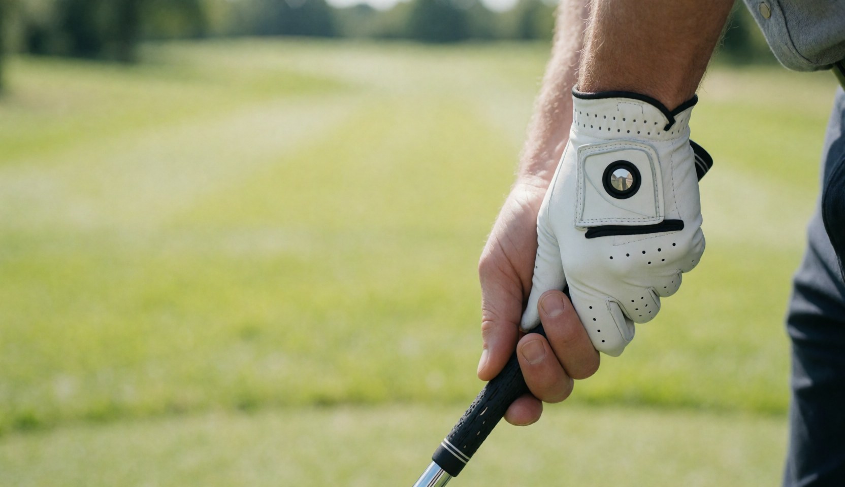 Close-up of a hand wearing a white golf glove gripping a golf club shaft on a bright green grass field during daylight.