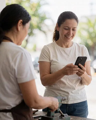 Smiling woman looking at her cell phone while another person works with a tool in an outdoor workshop, showing a service scene