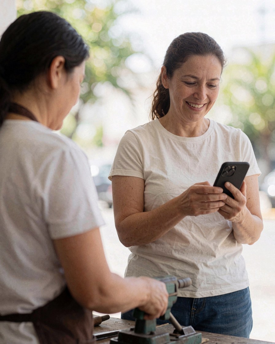 Smiling woman looking at her cell phone while another person works with a tool in an outdoor workshop, showing a service scene