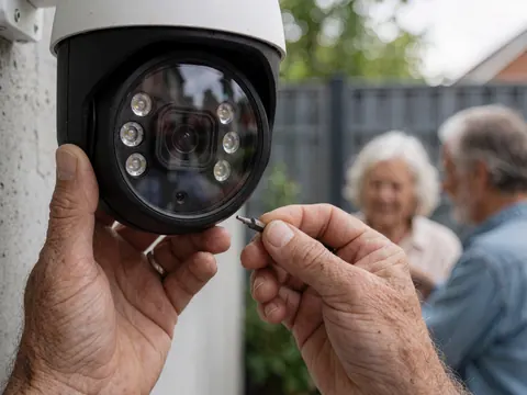 Close-up view of an infrared security camera being adjusted on a concrete wall with a fence in the background for residential security.