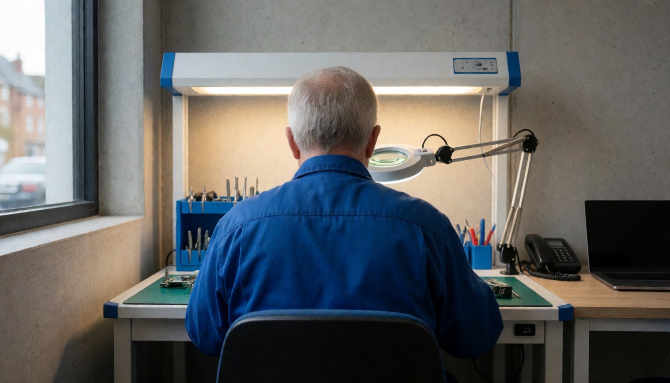 Tv repair technician working with magnifying glass on electronic component at workbench with concrete wall background