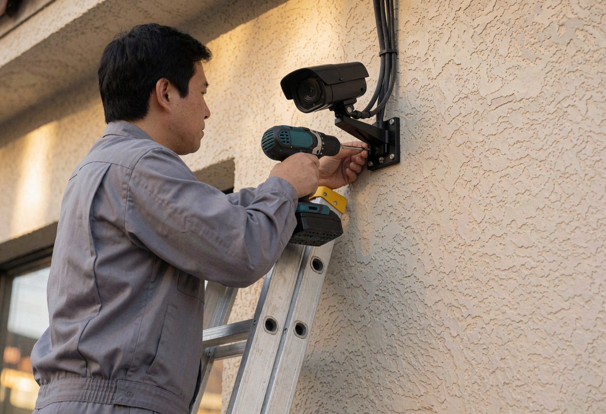 Technician installing a surveillance camera on a stucco wall using a cordless drill during a service call.
