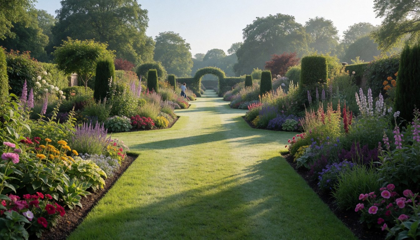 A grass path winding through a vibrant themed garden featuring colorful flowers and an arched entrance, suitable for a website hero section