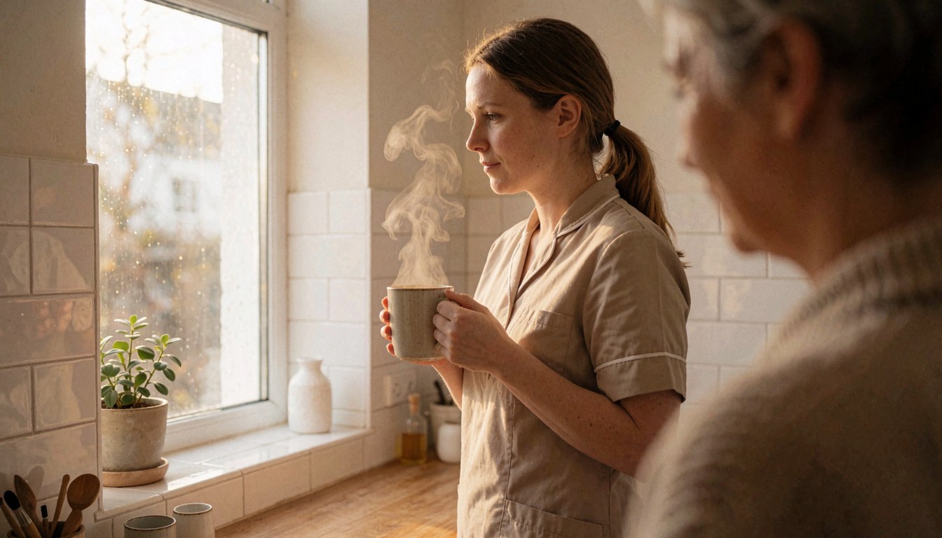 Therapist in uniform holding a steaming mug of tea by a window with a blurred client in the foreground and white tiled walls