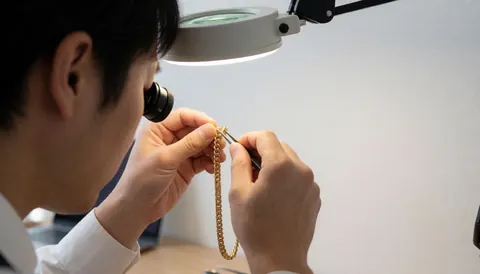 A watchmaker inspects a gold chain using tweezers under a desk magnifying glass against a clean white background