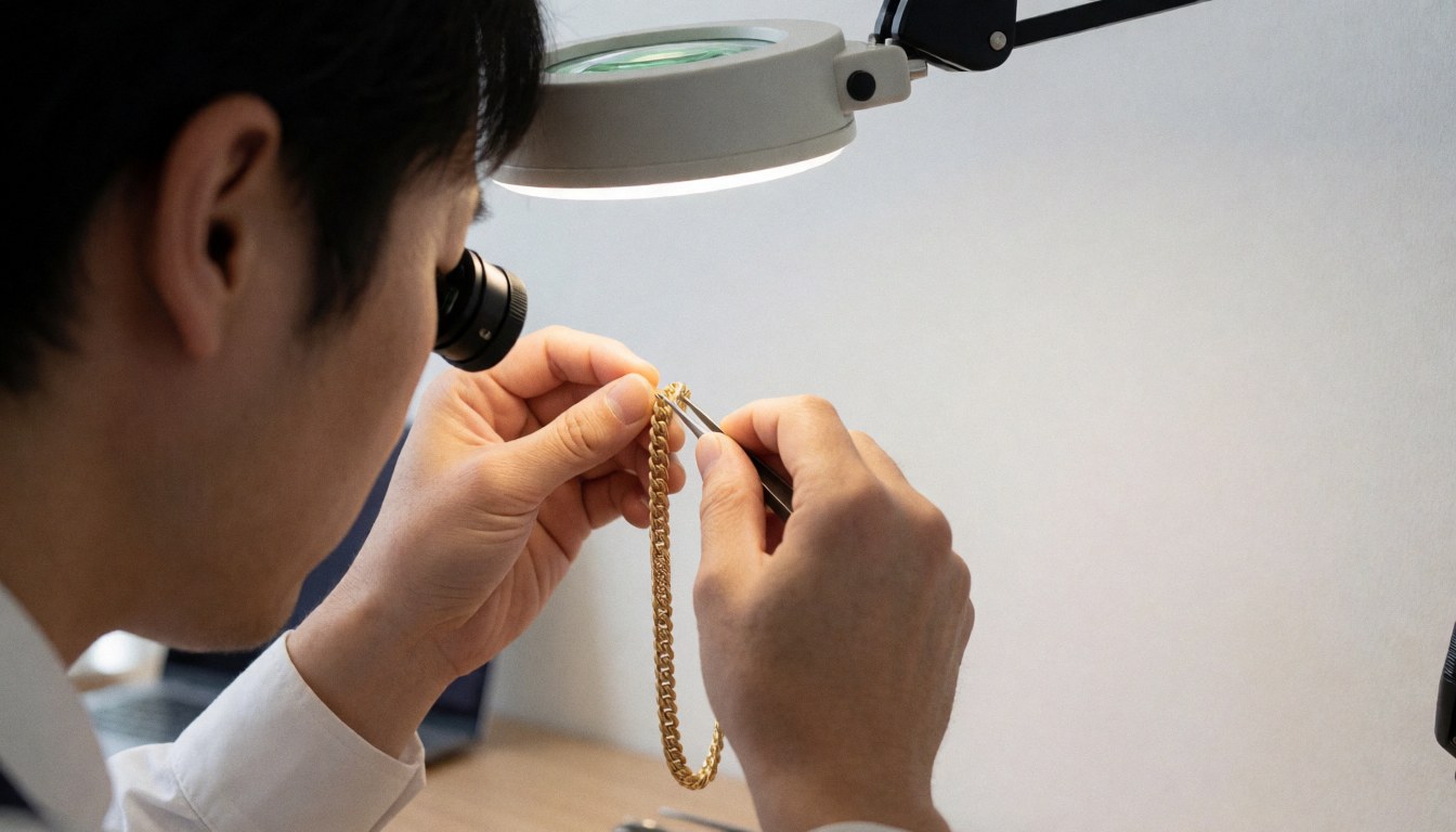 A watchmaker inspects a gold chain using tweezers under a desk magnifying glass against a clean white background