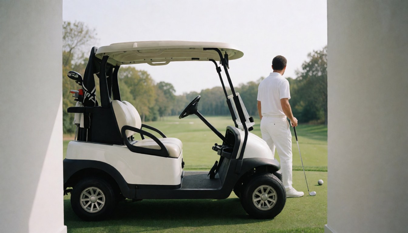 White golf cart with accessories next to a golfer in white clothing preparing to hit a ball on a green golf course with white posts nearby