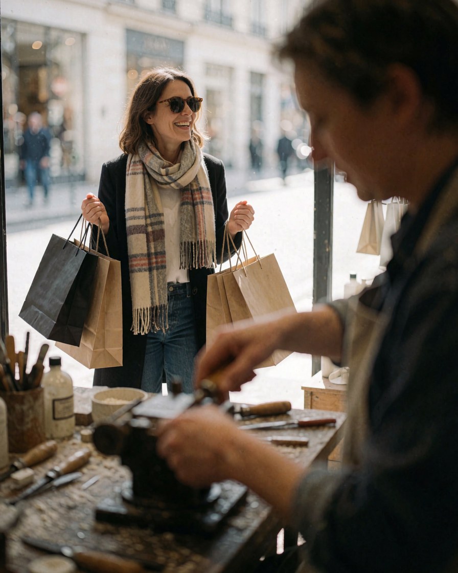 A happy customer holding shopping bags stands next to a smiling saleswoman in a clothing store with a wooden broom and chair.