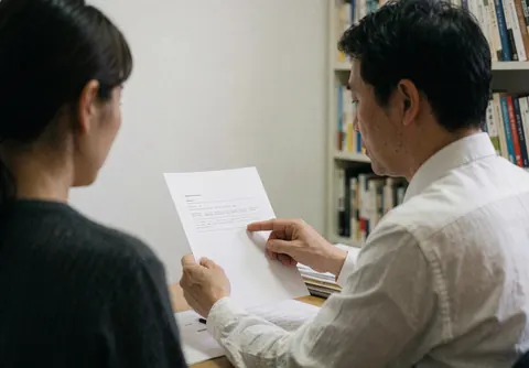 A financial advisor explains a document to a client in an office with bookshelves and a white wall