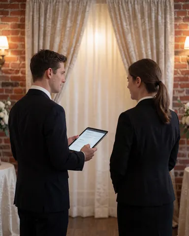 Banquet coordinator holding a tablet while speaking with a client in front of drapery, brick wall, and warm lights.