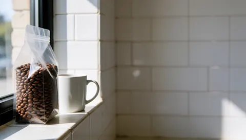 Roasted coffee bag and white cup on a window with morning light in a kitchen with white tiles