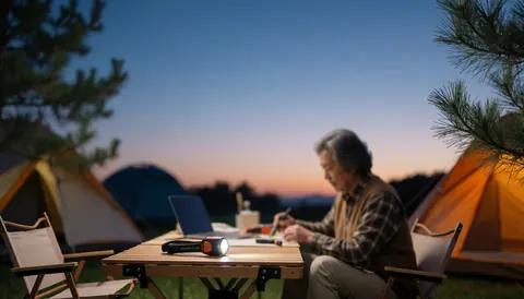 A lantern illuminates a camping table at sunset with pine trees and tents in the background.