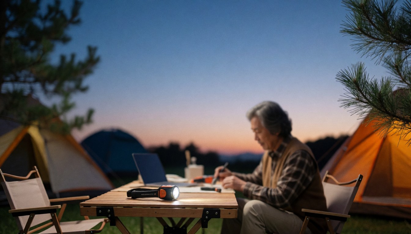 A lantern illuminates a camping table at sunset with pine trees and tents in the background.