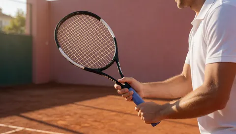 Tennis instructor on clay court with pink wall and golden light, leaving space for text on the left side