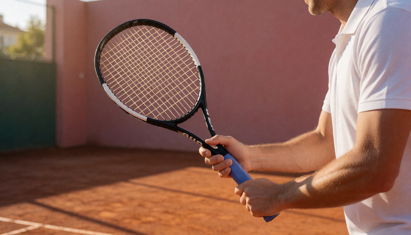 Tennis instructor on clay court with pink wall and golden light, leaving space for text on the left side
