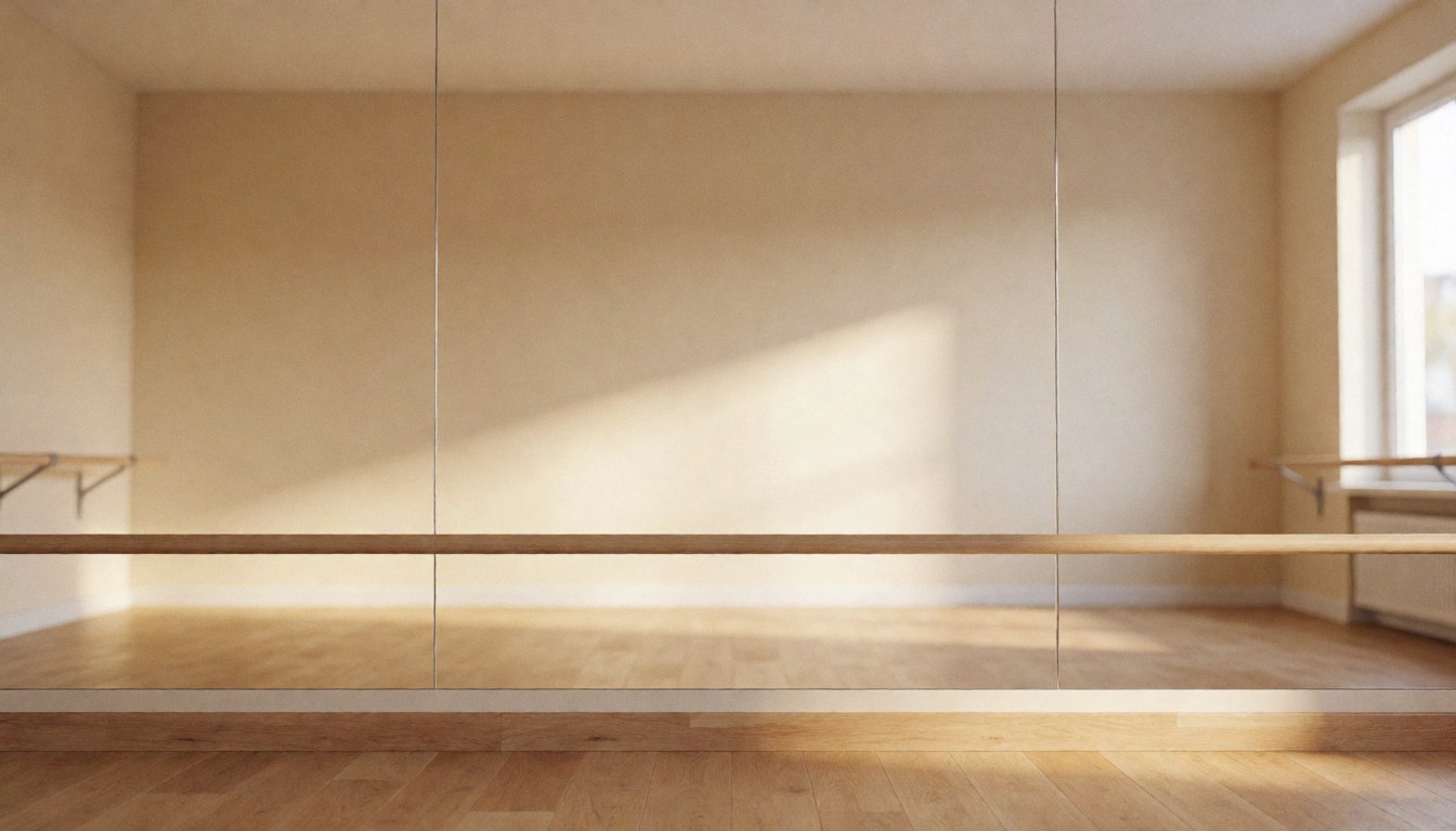 Empty dance studio featuring beige walls, a wooden ballet barre, and parquet flooring, providing a clean background for text overlays.