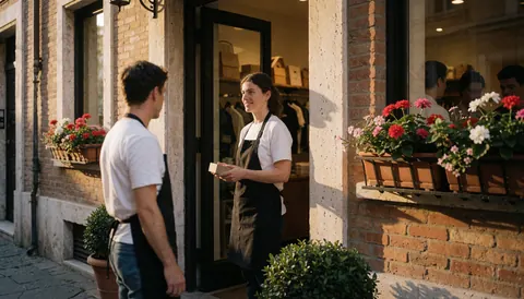 A saleswoman helps a customer at the entrance of a clothing store with flower pots and golden light.