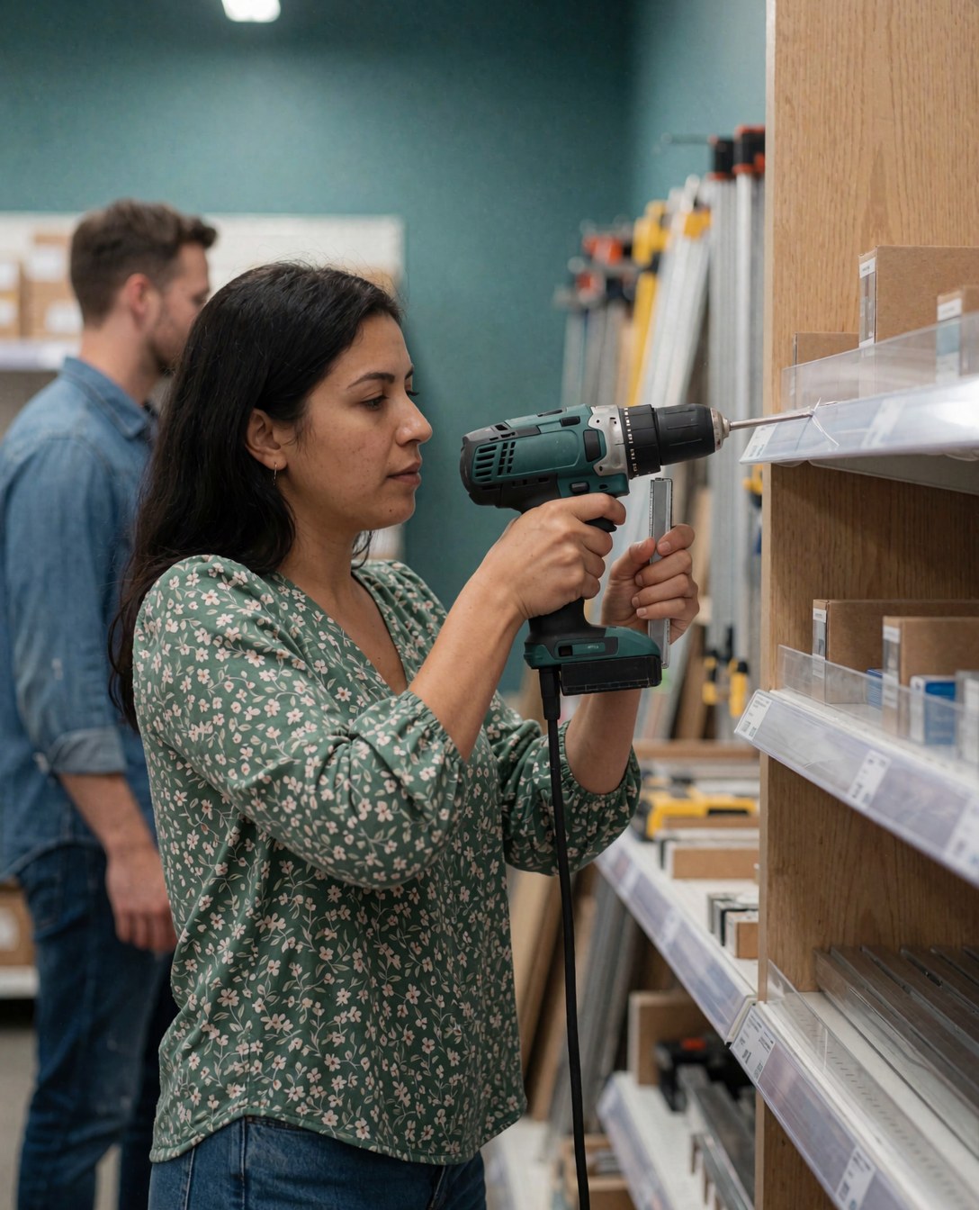 A happy female customer uses an electric drill on a wooden shelf in a hardware store with turquoise walls.