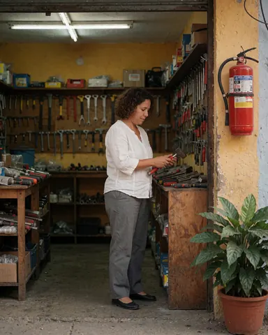 A woman examines a hammer in a hardware store with yellow walls, hanging tools, and a visible red fire extinguisher.