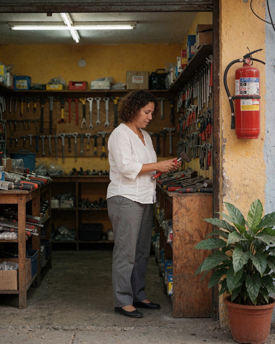 A woman examines a hammer in a hardware store with yellow walls, hanging tools, and a visible red fire extinguisher.