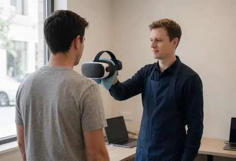 Technician in blue apron cleans VR headset with microfiber cloth while customer receives it at modern amusement park center.
