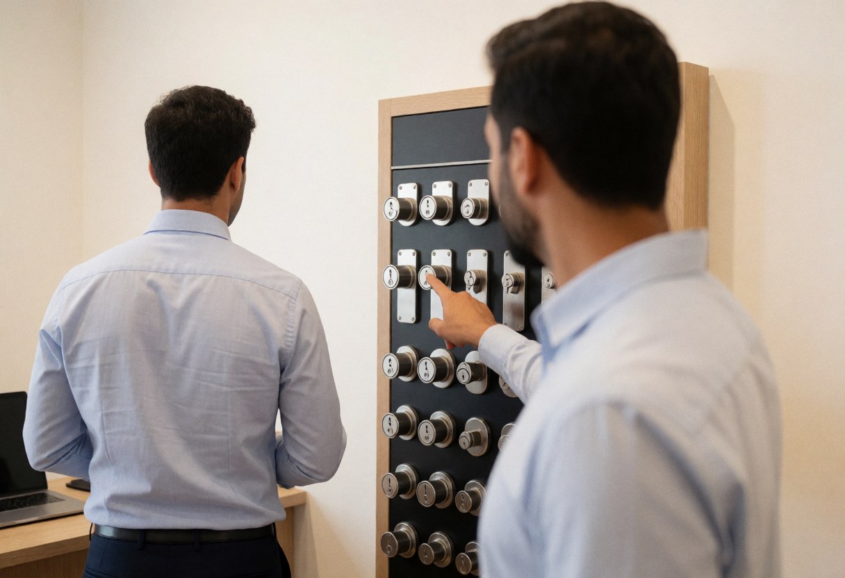 A customer selects a security cylinder in a locksmith shop with a seller standing with their back turned against a warm white wall.