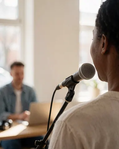 A student singing into a microphone in a studio with white walls and natural light, while a professional works on a laptop in the background.