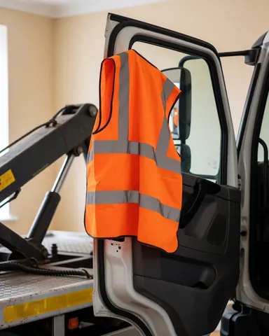 Orange reflective safety vest hanging on the open door of a tow truck with hydraulic arm visible in a beige-walled workshop