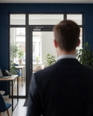 A man stands with his back to the camera, looking at a clean glass door in a modern office with blue walls and plants.