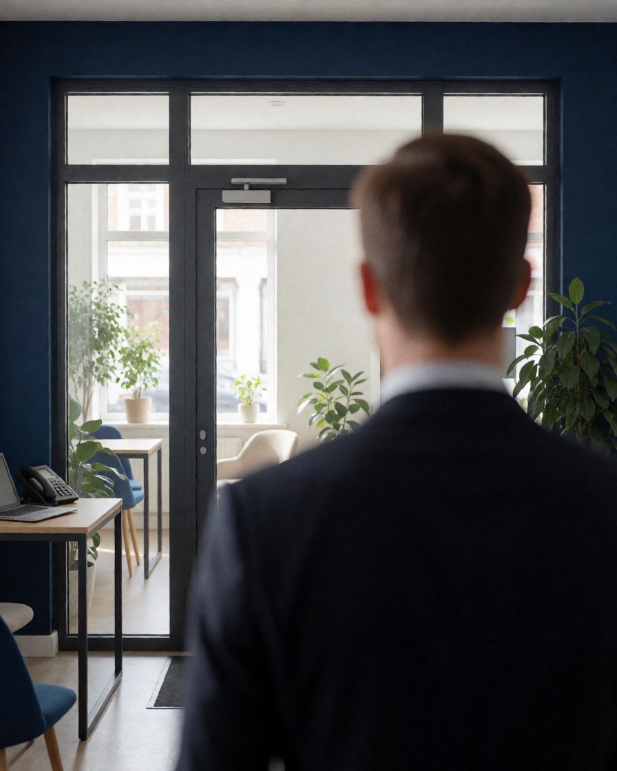 A man stands with his back to the camera, looking at a clean glass door in a modern office with blue walls and plants.