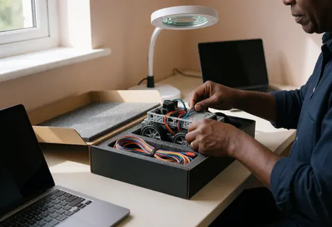 Hands assembling an educational robot in a protective foam box with magnifying light and multicolored wires in a robotics workshop