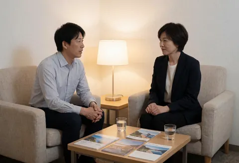 Two individuals seated in armchairs discussing travel options with brochures and water on a table in a warm office setting