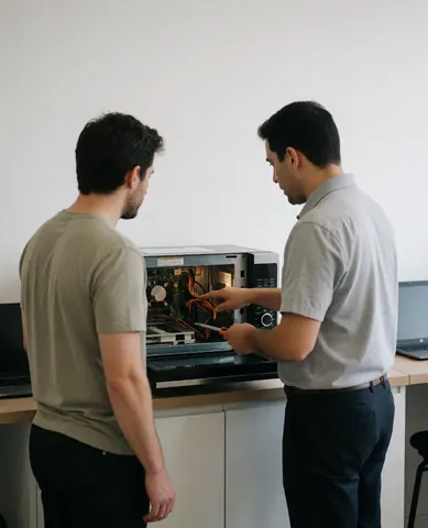 Technician displays internal microwave repair to a customer in a workshop using a tool