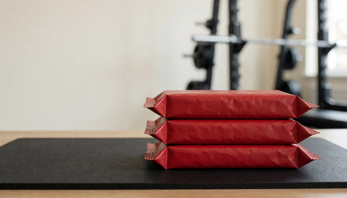Three red protein bars placed on a black exercise mat inside a gym with a weight rack in the background, suitable for CrossFit coaches.