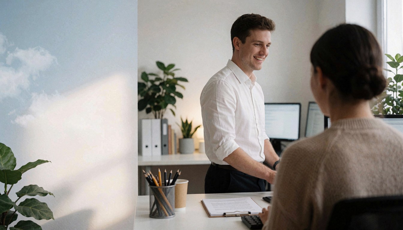 Employee helping a client with a computer in a bright, plant-filled office setting for IT support.