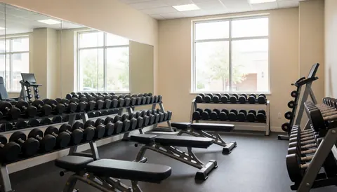 Modern gym interior featuring rows of black dumbbells and weight benches against beige walls and large windows