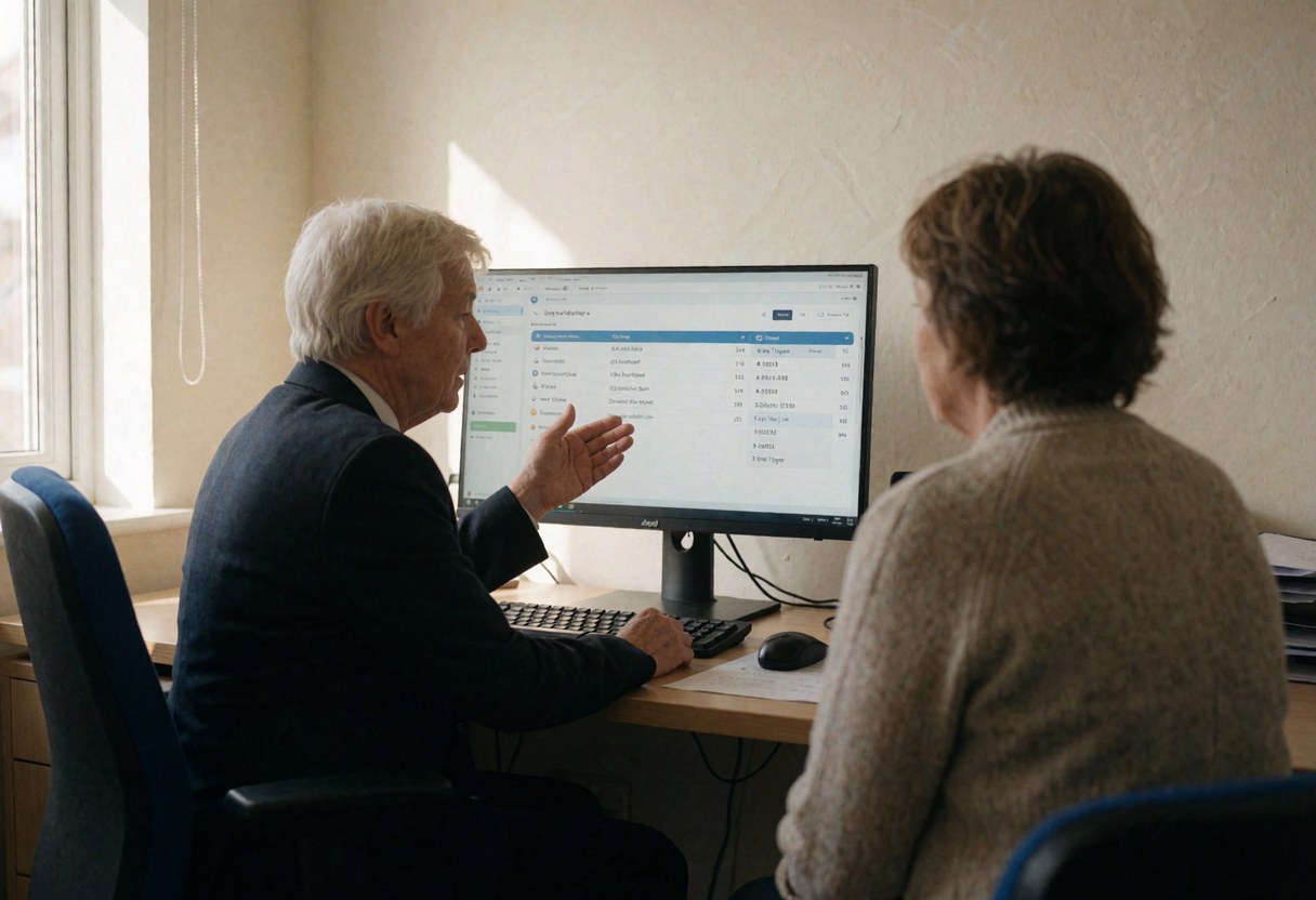 Travel agent explains flight options to a client in front of a monitor displaying search results in a bright office.