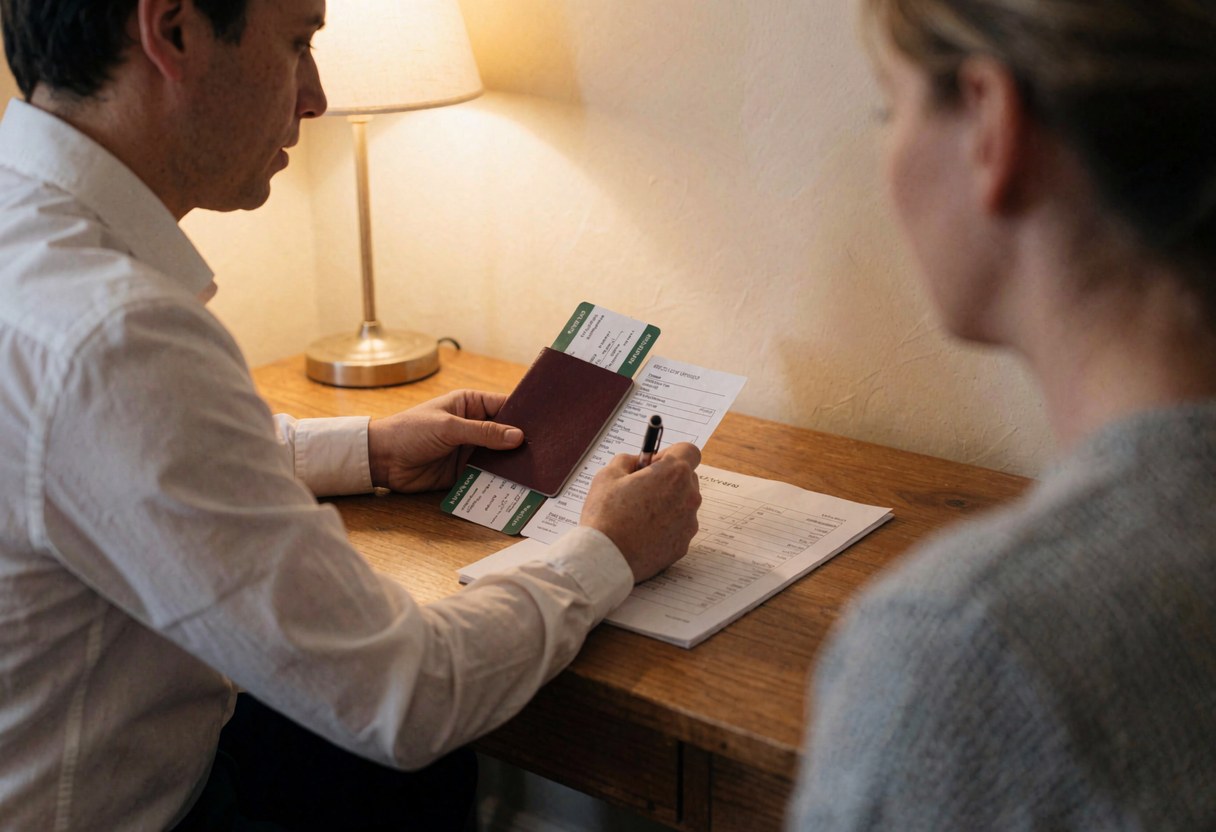 Travel agent reviewing a passport and ticket with a client at a wooden desk in an office setting