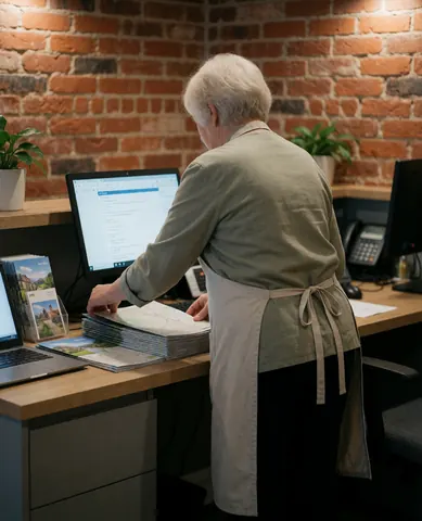 A staff member wearing an apron organizes tourist maps at the reception desk near a brick wall and plants.