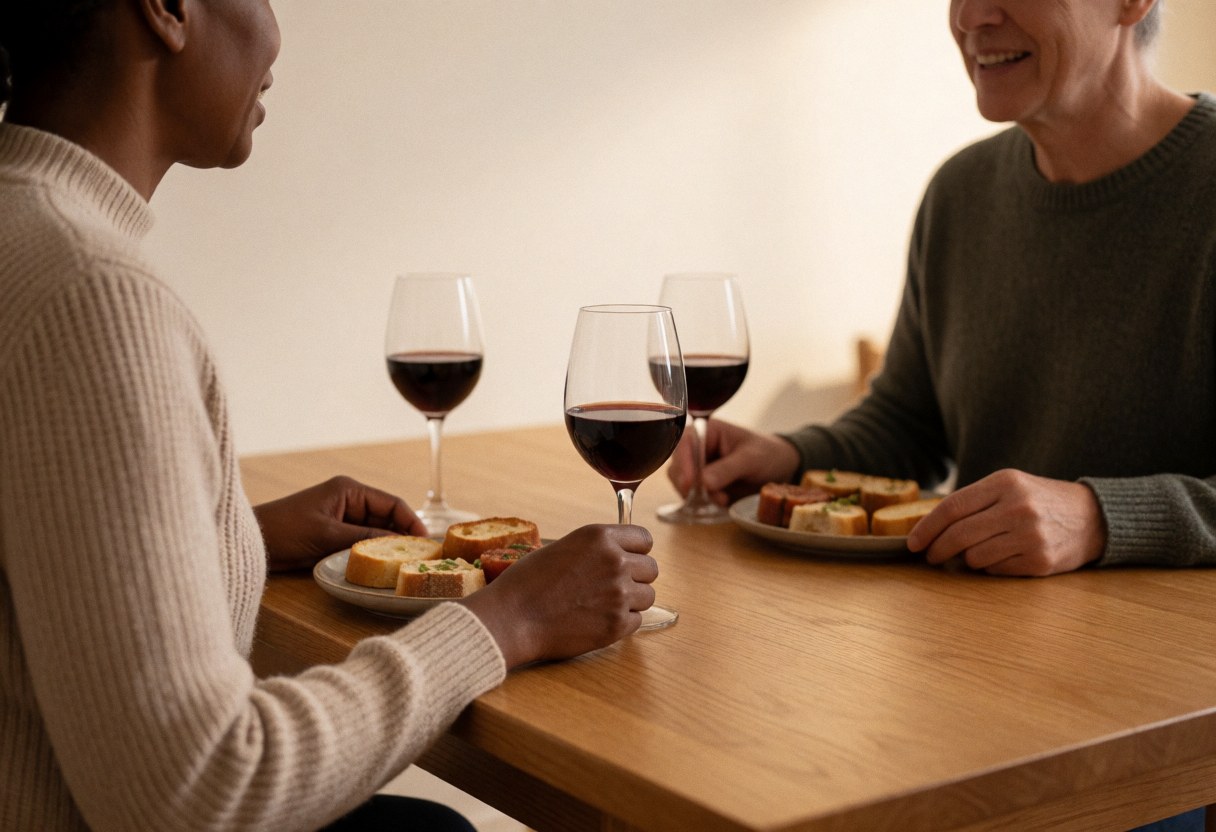 Two individuals share tapas and red wine at a wooden table during a Spanish language class with warm lighting and light walls