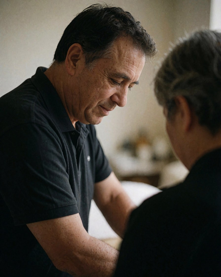 Professional massage therapist performing a relaxing massage on a client in a calm and warm spa setting with soft lighting.