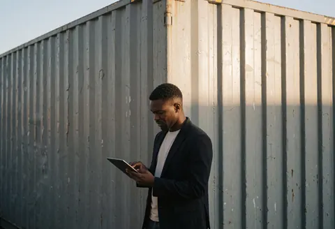 Insurance professional reviewing information on a tablet beside a shipping container during sunset, illustrating logistics service in action.