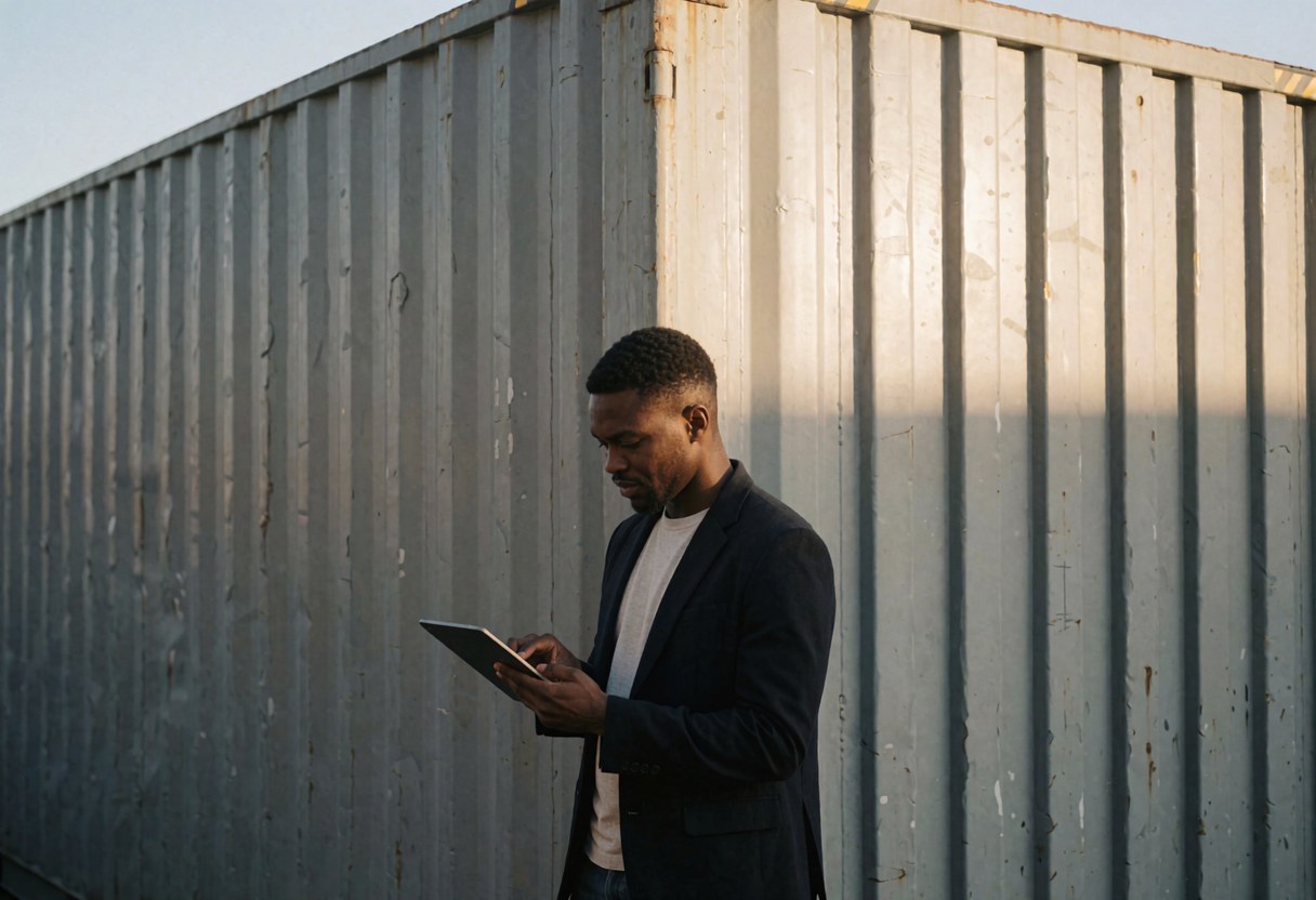 Insurance professional reviewing information on a tablet beside a shipping container during sunset, illustrating logistics service in action.
