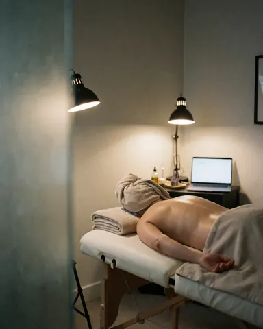Relaxed client lying on a white massage table covered with towels in a wellness center with warm lights and gray walls