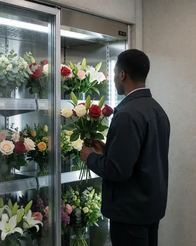 A customer examines and touches a bouquet of roses and lilies in a refrigerated florist display case with concrete walls.