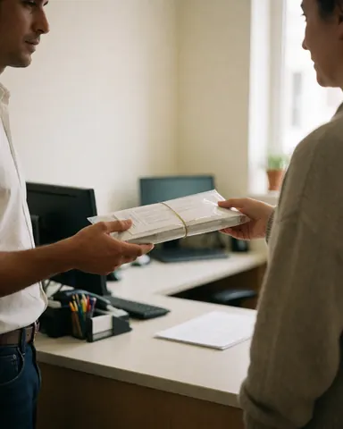 Staff member delivers a stack of bound documents to a customer in a bright office setting.