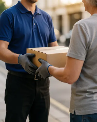 A delivery worker in uniform hands a package to a customer on an urban street, with hands and product in focus